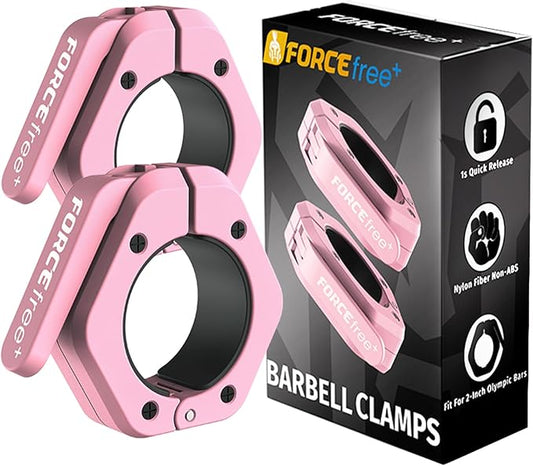 Forcefree+ Barbell Clips (Pair), Barbell Clamps, Quick Release Olympic Barbell Clamps with Anti Slip TPR Grip, Barbell Collars for Secure Weightlifting & Powerlifting (Non Magnetic, Pink)