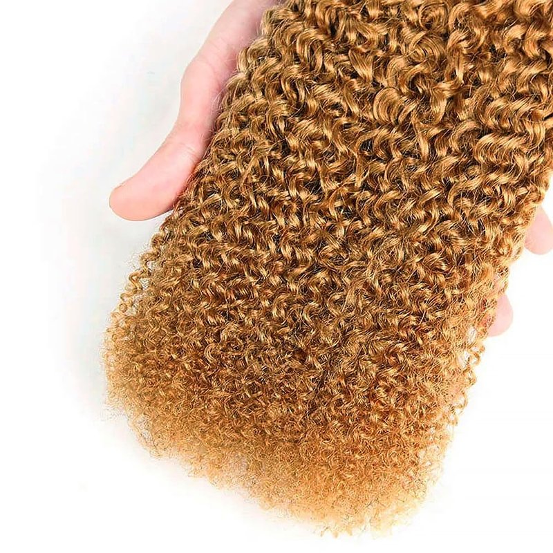 Honey Blonde Human Hair Bundles 14 16 18 Inch Kinky Curly Wave Bundles Human Hair Unprocessed Native Virgin Hair 100/PC 3 Extensions #27 Blonde Color Wet and Wavy Human Hair Extensions for Women