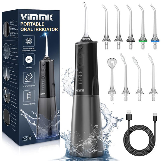 VIMMK Water Flosser, Cordless Water Dental Flosser, 9 Jet Tips 5 Modes 300ML IPX7 Waterproof, Portable Rechargeable Oral Irrigator for Home Travel - Gums, Orthodontic, Braces Care (Black)