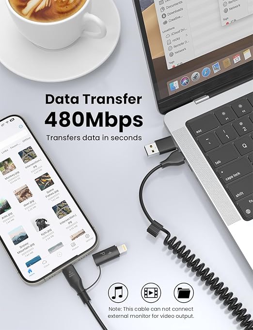 Coiled USB-C and Lightning Cable 2-in-1, 3FT iPhone 15 16 Car Charger Cord, 60W Fast Charging Cable for iPhone 16, Samsung Galaxy Supports Apple CarPlay & Android Auto (Black)