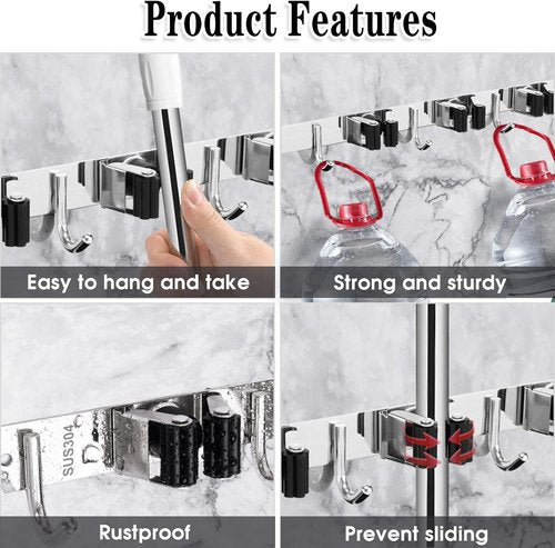 AceMining Wall Mounted Broom and Mop Holder | 5 Racks & 4 Hooks | Heavy Duty Stainless Steel Storage Solution