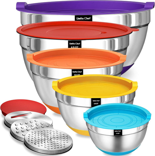 Umite Chef Mixing Bowls Set - 8PCS Stainless Steel with Airtight Lids & Non-Slip Bottoms | 5QT to 1.5QT
