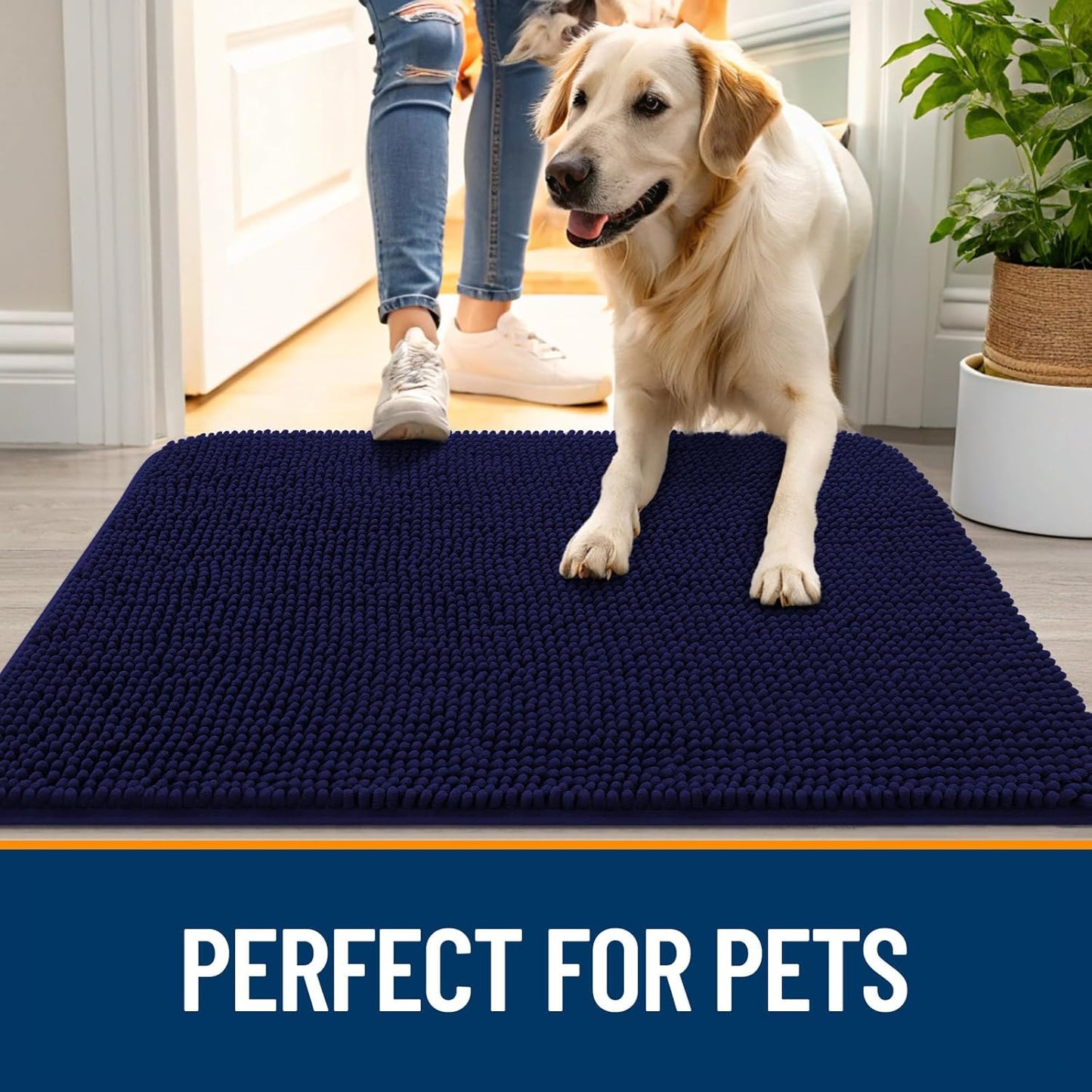 OLANLY Dog Door Mat - Absorbent Non-Slip Chenille Mat for Muddy Paws | 47x17 Inches, Navy Blue