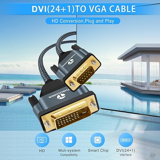 Thsucords DVI to VGA Cable 10FT, Uni-Directional DVI-D to VGA Adapter Male to Male Gold-Plated Braided 1080P Full HD Cord for HDTV, PC,Laptop, Monitor, Projector