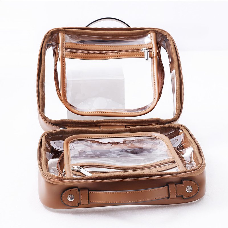 SANHECUN traveling toiletry case clear cosmetics case makeup bag Dimensions | LxWxH:10” x 4.5” x 7.5”(Brown, Medium)