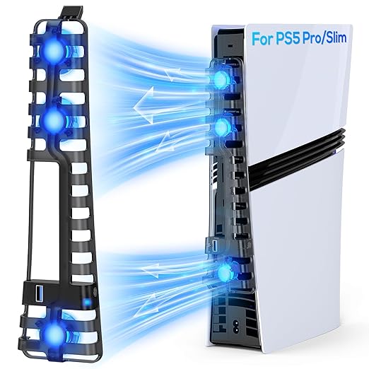 PS5 Pro/Slim Auto Cooling Fan with USB 3.0 Port, Adjustable 3 Speed, LED Light, Memory Function, Quiet and Efficient Cooling System