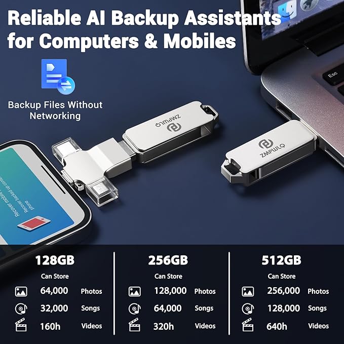 Photo Stick 256GB 4-in-1 USB Flash Drive for iPhone Android PC Auto Backup