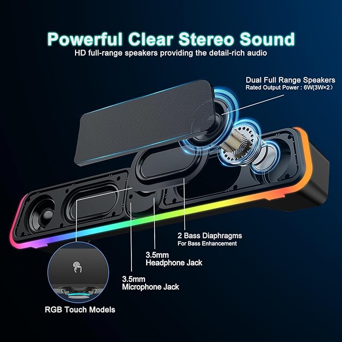 BUSP-HYY Computer Speakers - Wired USB Powered Bluetooth Computer Sound Bar with RGB & Volume Knob, HiFi Stereo Portable Gaming Sound Bar Speaker for Desktop Monitor, PC, Laptop, Tablets, Mac Air/Pro