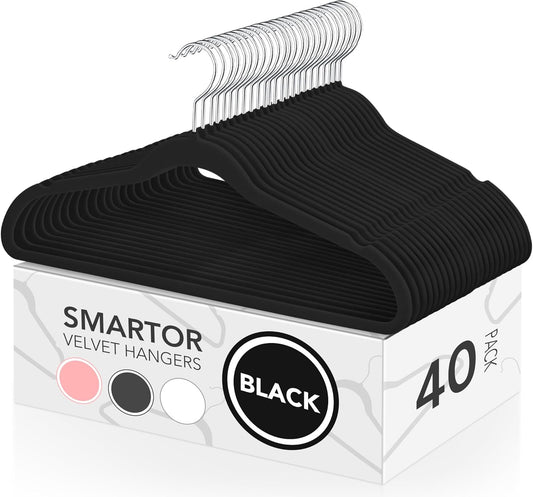 Smartor Velvet Hangers - 40 Pack Non-Slip Heavy Duty Felt Hangers | Premium Slim Black with 360° Rotating Hook