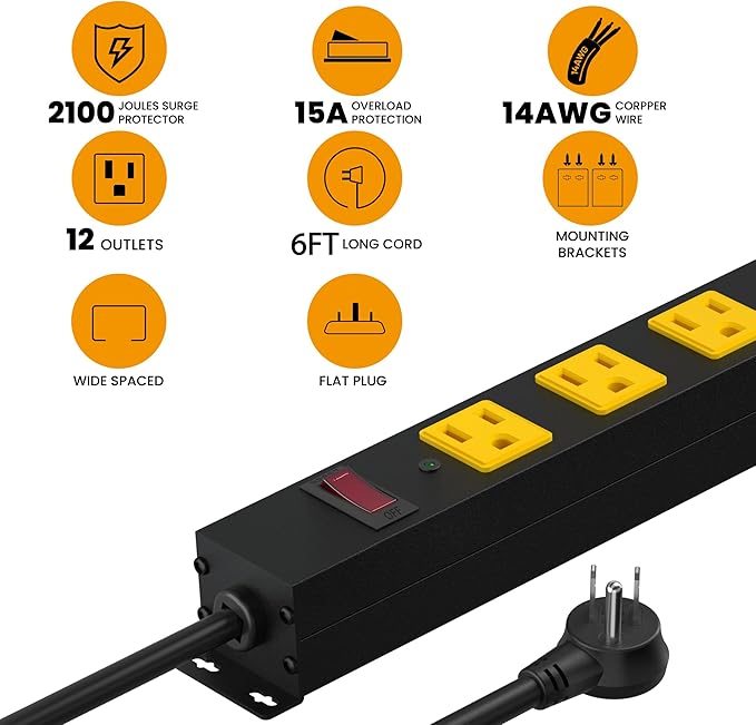 Metal 12 Outlet Mountable Power Strip, 2100J Surge Protector with Heavy Duty 6ft Extension Cord, Wide Spaced and Wall Mount Metal Powerstrip for Garage, Desk, Industrial, Shop and Indoor (6ft)