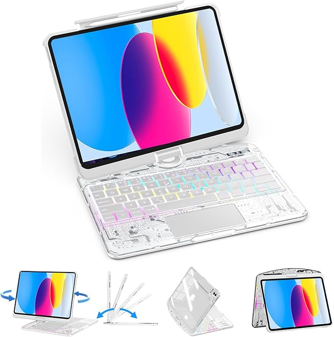 TSQQST Clear Wireless Keyboard Case for iPad (A16) 11th Generation 11-inch 2025/ iPad 10th Generation 10.9-inch 2022 with Pencil Holder & Multi-Touch Trackpad, 7-Color Backlit, 360 Rotatable, White