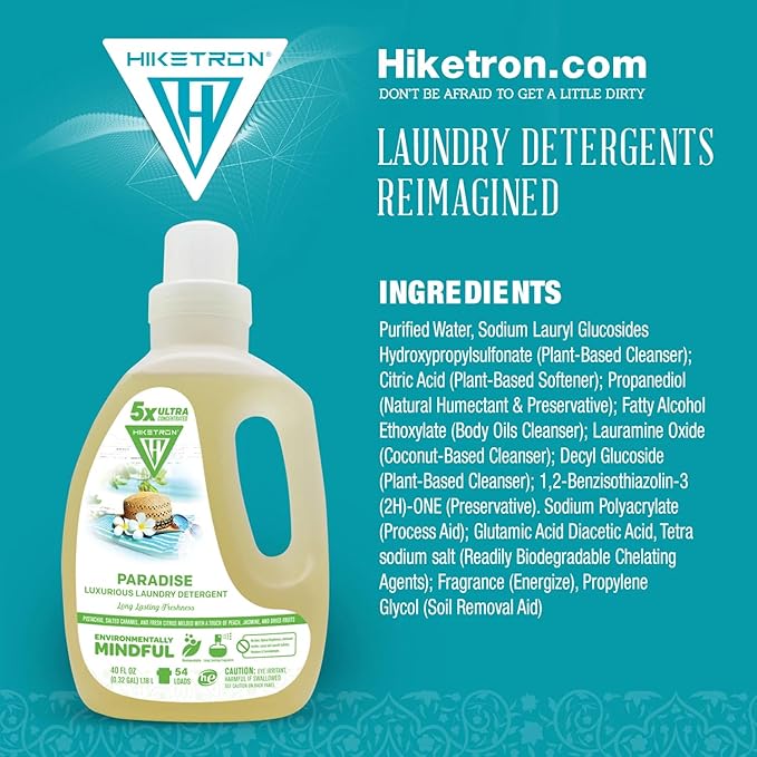 Hiketron Paradise Liquid Laundry Detergent, 5x Ultra Concentrated, Tough Stains Remover, Long Lasting Scent (40 Fl Oz, Pack of 1)