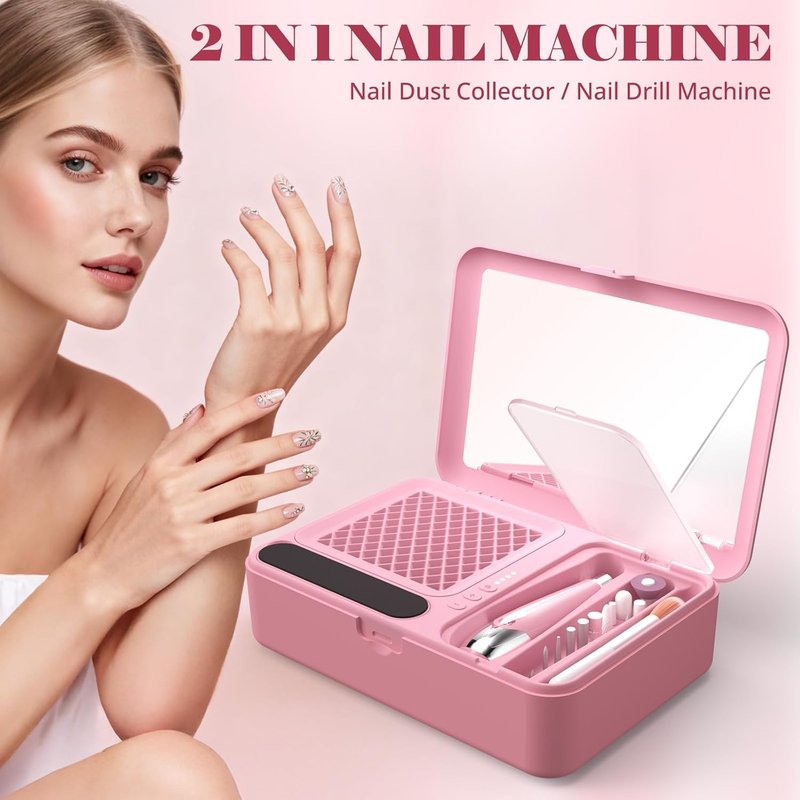 Nail Dust Collector & Cordless Electric Nail Drill Kit | Professional Manicure & Pedicure with 13 Bits - Pink