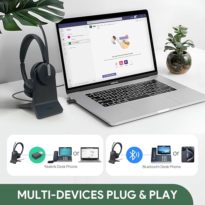 Yealink WH64 Hybrid Wireless Headset with Mic for Work, Mono Headset with Charge Stand, Bluetooth & DECT Dongle for PC/Computer/IP Phone/Cell Phones, Teams, Zoom, 492 ft Range, 26H Talk Time