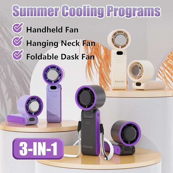 Koucen Portable Handheld Fan Rechargeable 100 Speeds Turbo Ice Cooling Personal Mini Fan Small Foldable 3-IN-1 for Neck/Desk/Hand, Travel Essentials Gifts for Women Men/Violet