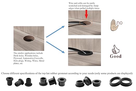 30 pcs 1/4" Drill Hole，3/16" ID Black Silicone Top hat Rubber Grommets for Wiring，Automotive，Firewall，Hole Plug，Desk，Screw，Water and Gas Pipe，Drain，House Siding，Cable Bushing，Glass，Wire Plug