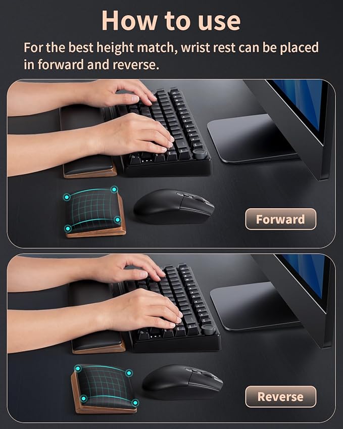 ASFSKY Keyboard and Mouse Wrist Rest Set for 60%-75% Compact Keyboards – Ergonomic Wooden Support Pad with PU Leather & Memory Foam, Anti-Slip Rubber Base for Gaming, Office & Typing Pain Relief