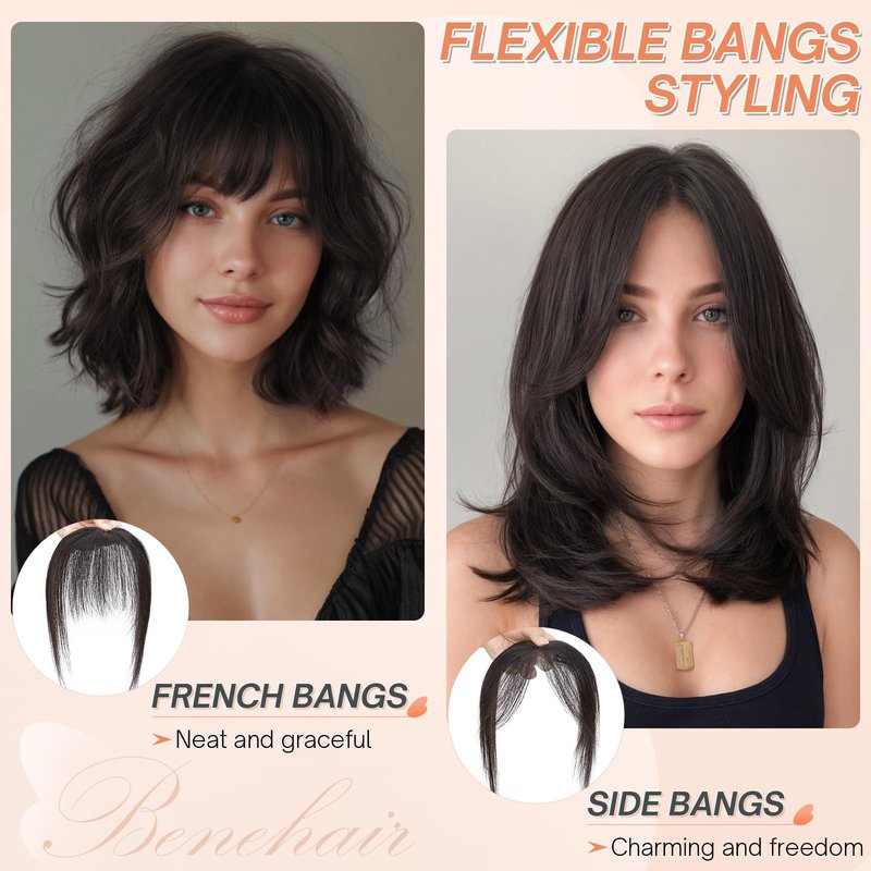 Benehair Clip on Bangs for Women Human Hair, Fake Bangs Clip Human hair, Middle Part Clip in Hair Extensions Hair Pieces with Temples for Daily Wear (Dark Brown)