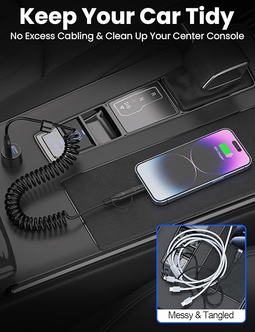 Coiled USB-C and Lightning Cable 2-in-1, 3FT iPhone 15 16 Car Charger Cord, 60W Fast Charging Cable for iPhone 16, Samsung Galaxy Supports Apple CarPlay & Android Auto (Black)