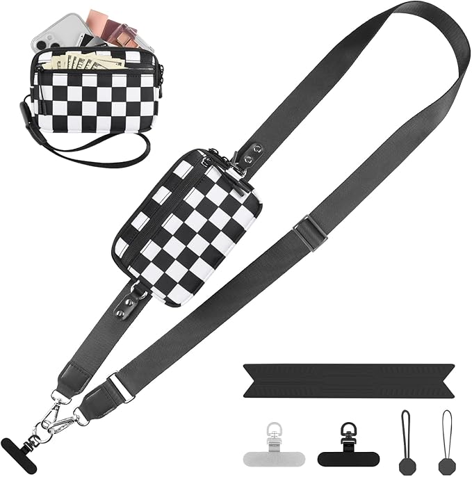 YFWE Clip and Go Strap for Phone with Wallet Crossbody, Adjustable Phone Lanyard with Detachable RFID Wristlet Wallet, Phone Strap with Phone Tabs for All Phones, Black Checkered (M)