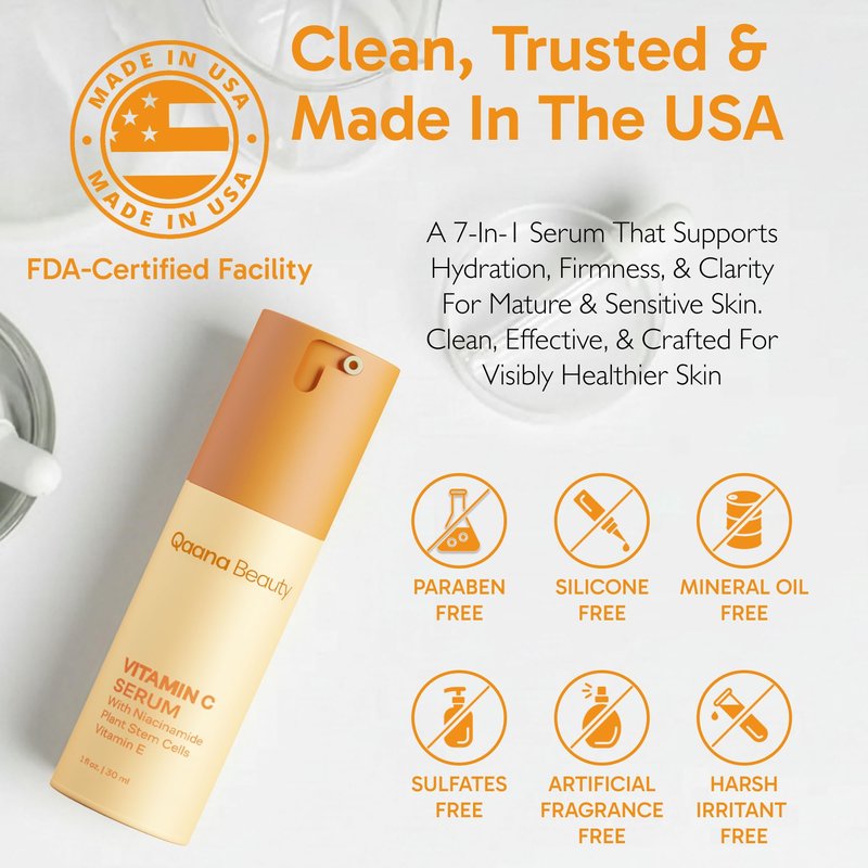 Qaana Super Vitamin C Face Serum for Mature Skin: 7-in-One Hydrating Anti-Aging Formula with Vitamin C, Hyaluronic Acid, Caffeine-Firming, Lifting, Targets Wrinkles, Dark Spots 1 fl oz