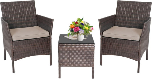 Skiennix 3-Piece Outdoor Wicker Bistro Set - Stylish Patio Furniture with 2 Cushioned Chairs & Coffee Table