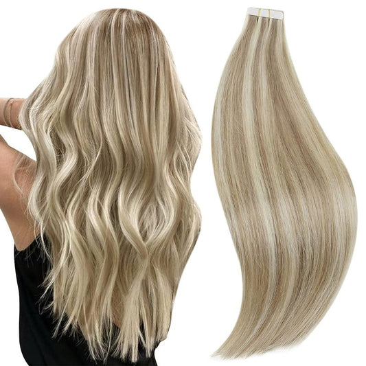 RUNATURE Tape in Hair Extensions Human Hair Ash Brown to Blonde 14 Inch 50G