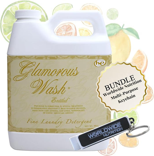 Worldwide Nutrition Bundle: Tyler Candle Company Glamorous Wash Entitled Laundry Detergent - Luxury Liquid Laundry Detergent - 32 oz (907 g) Entitled Detergent and Multi-Purpose Key Chain