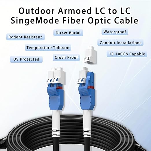 15M/49FT LC to LC Armored Outdoor Fiber Optic Cable, Single Mode Duplex 9/125μm SMF Fiber Patch Cord, OS1/OS2 Compatible, Black LSZH Jacket, Uniboot Jumper for FTTH, Data Center, Long-Distance Use
