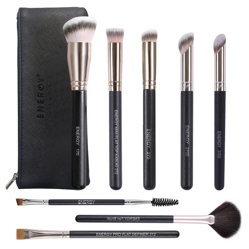 ENERGY Makeup Brush Set 7PCS Premium Synthetic Foundation Powder Bronzer Blush Contour Highlighter Eye Shadows Concealer Eyebrow Blending Makeup Brushes with Travel Case