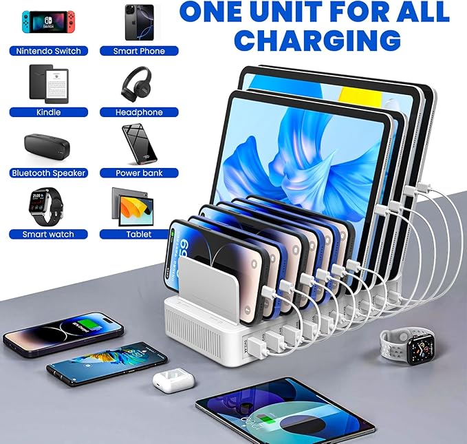 RISWOJOR Charging Station for Multiple Devices, 100W 10 Ports Charging Dock with 10 Cables Smart IC Tech and Adjustable Dividers Type-C，Multi USB Charger for iPhone Galaxy iPad Tablet，White