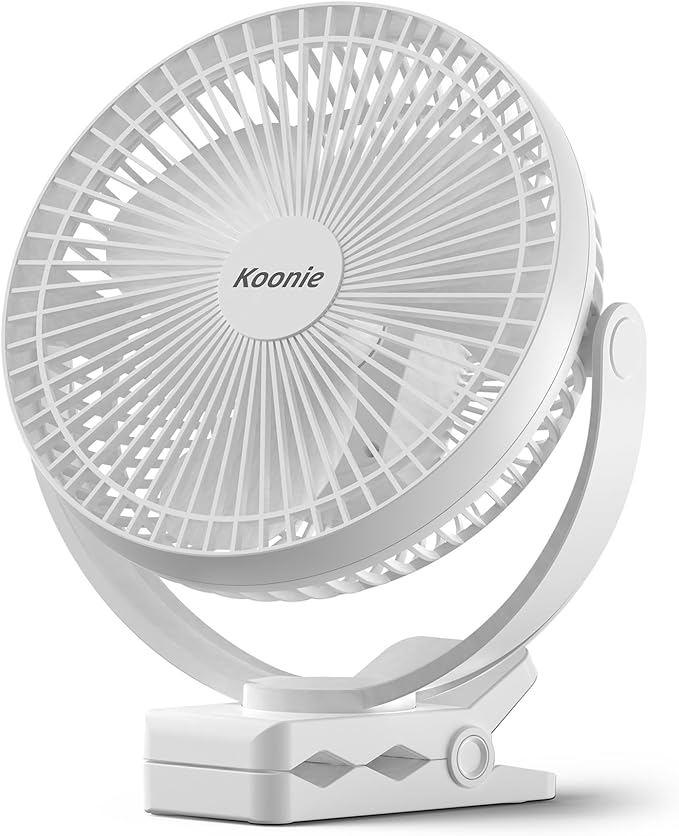 Koonie Portable Clip on Fan, 8-Inch 10000mAh USB Rechargeable Battery Operated, 4 Speeds, Strong Airflow, Sturdy Clamp for Office Desk Golf Car Outdoor Travel Camping Tent Gym Treadmill