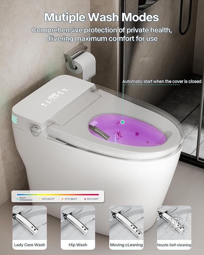 Smart Toilet with Bidet Built In, ADA Comfort Height, One Piece Elongated Toilet with Tank Built in,Pump, Auto Open Close Quiet Flush, Foam Shield, Voice Control Heated Seat, Instant Warm Water