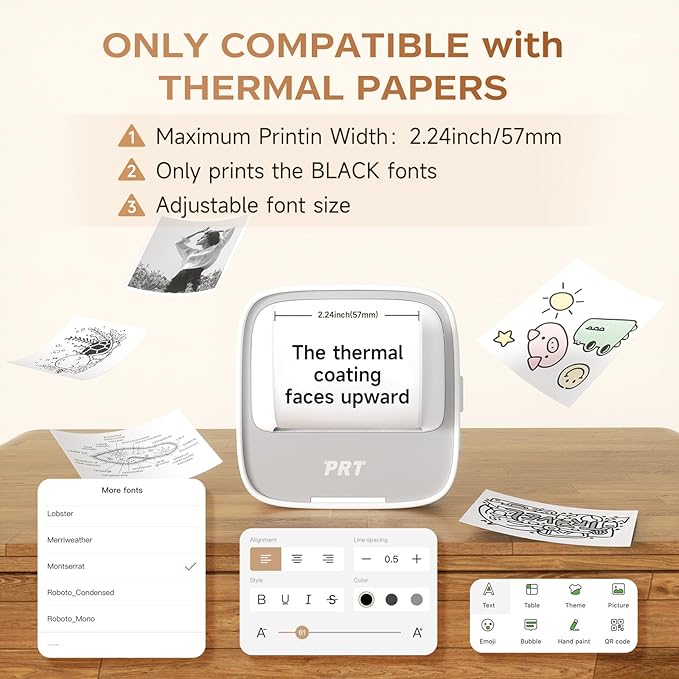 PRT Mini Sticker Printer, Portable Thermal Printer with 1 Roll Sticker Paper, Inkless Sticker Maker, Bluetooth Label Printer for Study Notes,Lists,Pictures,DIY Creations Printers for Home Use, Grey