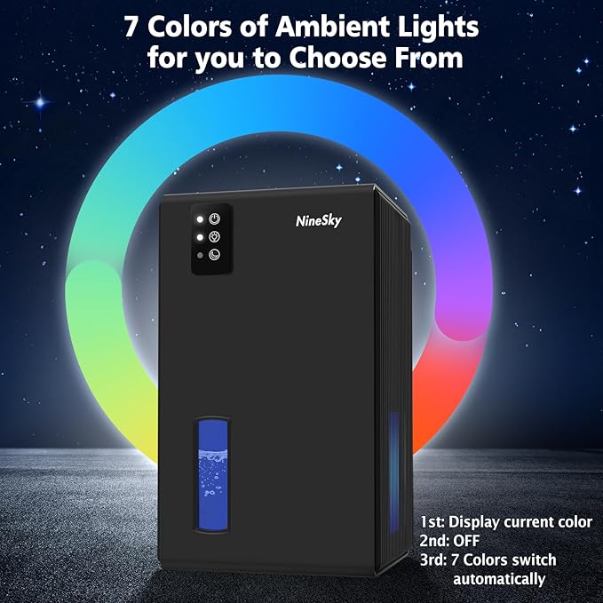 NineSky Dehumidifier,98 OZ Dehumidifiers for Home,(1100 sq.ft) Dehumidifiers for Basement Bathroom Bedroom with Auto Shut Off, Switchable 7 Colors Light(Black)