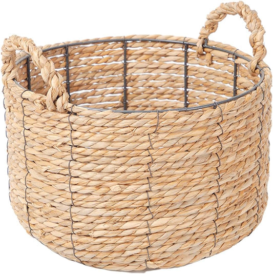 Round Wicker Storage Basket - Large Water Hyacinth Bin with Handles | 12'' x 7''