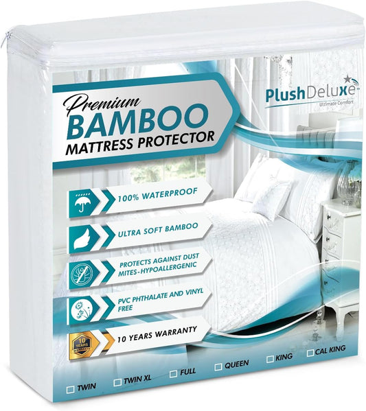PlushDeluxe Bamboo Mattress Protector - Waterproof, Ultra Soft & Breathable Queen Size Cover - White