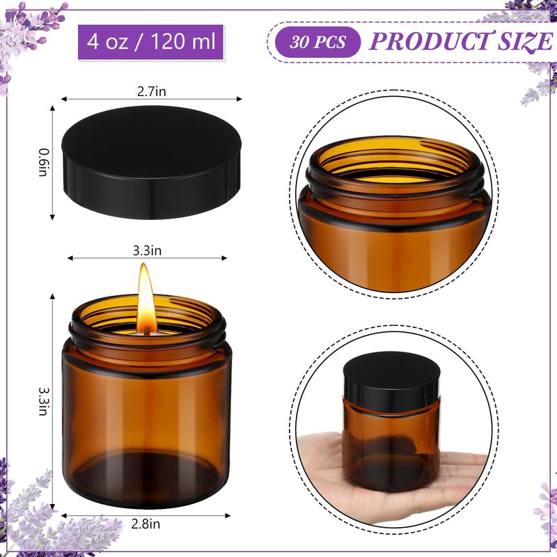30 Pcs 4 oz Amber Glass Jars with Black Lids Leakproof Round Airtight Jars Empty Cosmetic Jars with Inner Liners Lid for Candle Making Storing Lotions Spice Powder Liquid Sample Makeup (Black,Amber)