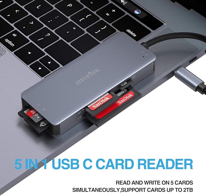 ZIYUETEK USB C SD Card Reader,5- in-1 Aluminum Thunderbolt 3 Memory Card Reader for CF, SD/SDHC,TF/Micro SD/MS/M2,CompactFlash Card for iPhone 15/16/Pro Max Android Windows MacBook