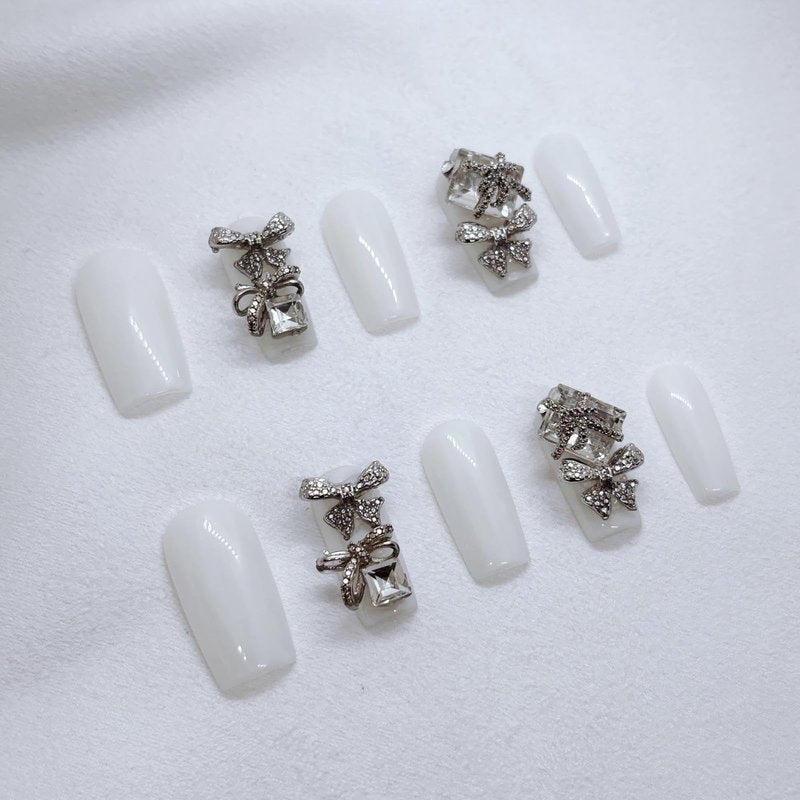 Handmade Square Press on Nails,Ivory White Press Ons,Nails with Crystal Bow Design, 3D Jeweled Decorative Nails for women,m