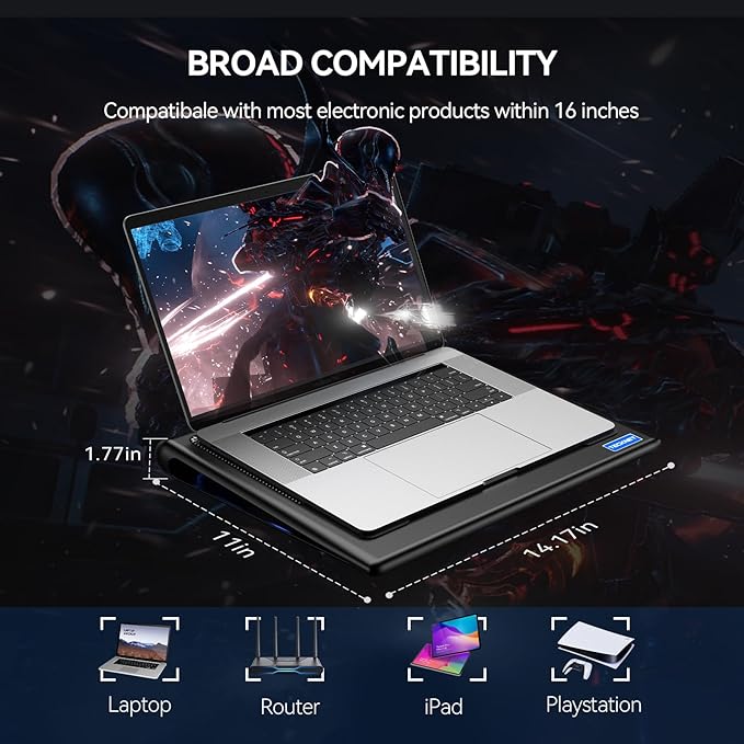 TECKNET Laptop Cooling Pad - 12"-15.6" Laptops Cooler, Powerful Cooler and Ultra Quiet for Gaming Laptops Pad, 2 Wind Speed Adjustable, USB A & C Powered Cooler Stand with Laptop Fan LED (Blue)