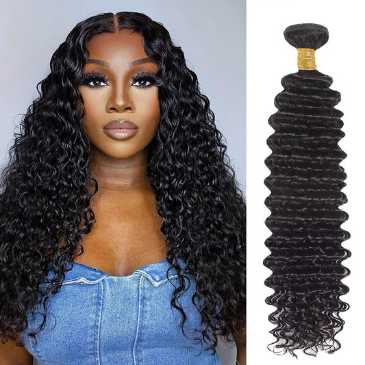 Deep Wave Human Hair Bundles 18 Inch Deep Wave Bundles 100% Unprocessed Brazilian Virgin Hair 1 Bundle Curly Bundles Hair Extensions Real Human Hair Wavy Quick Weave Bundle Natural Black