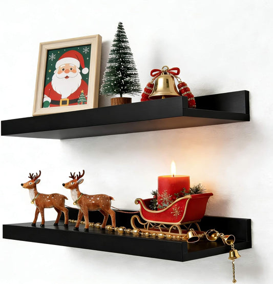 Skiennix Black Floating Shelves - Wall-Mounted Wood Storage for Bedroom, Living Room & Kitchen | Set of 2, 14 Inches