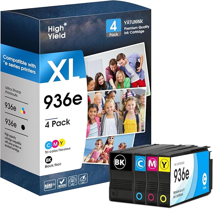 YATUNINK 936XL 936e Ink Cartridges Combo Pack Compatible for 936 Ink Cartridges Work with OfficeJet 9122e; OfficeJet Pro 9110b, 9125e, 9128e, 9130b, 9135e; OfficeJet Pro Wide Format 9730e (4 Pack)