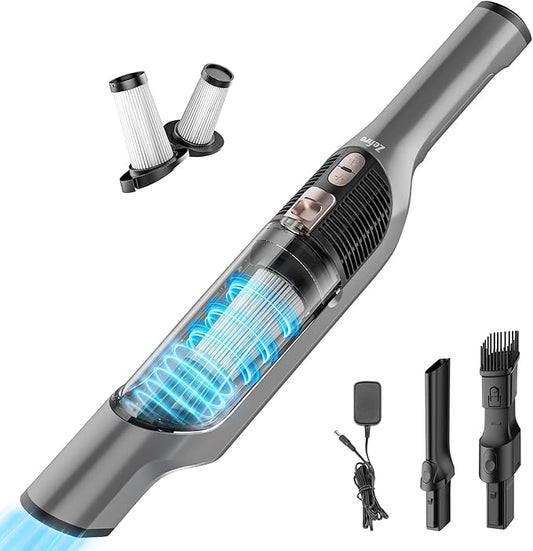 Zefiro Compact & Powerful Cordless Handheld Vacuum, Rechargeable Portable Car Vacuum for Car & Pet Hair, with XL Dust Cup, High-Suction, 2 Brushes & Filters, Long Runtime, Ideal Gift