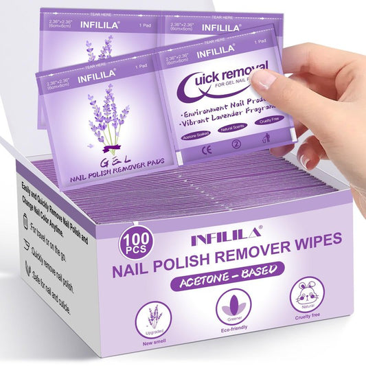NXJ INFILILA Nail Polish Remover Pads, 100PCS Lavender Nail Polish Remover Wipes for Gel & Regular Polish, Individually Wrapped, Travel-Size, Professional Quick Removal for Home & On-the-Go Use