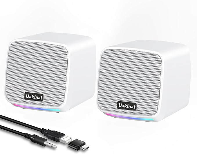 Uakinat Computer Speakers for Desktop PC, USB Powered 3.5mm Aux Speaker for PC, Laptop, Tablet, Phone, Plug and Play with Volume Control, White