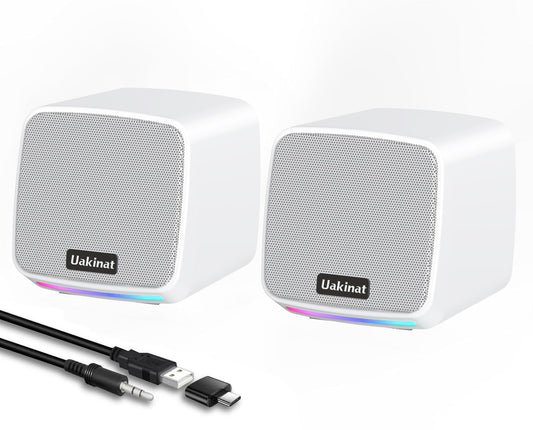 Uakinat Computer Speakers for Desktop PC, USB Powered 3.5mm Aux Speaker for PC, Laptop, Tablet, Phone, Plug and Play with Volume Control, White