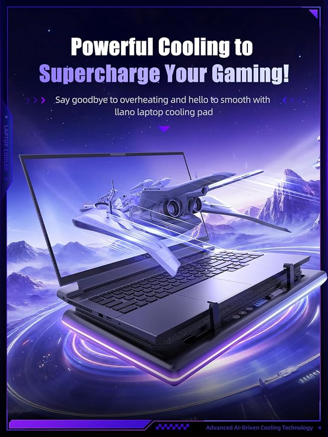 llano V12 Ultra Laptop Cooling Pad with Smart Software Control, RGB Gaming Laptop Fan Cooler Stand, 5.5" Turbo Fan, Adjustable Speed, 3-Port USB 3.0 Hub, 3 Height Stands, for 15.6"-19" Laptops, Black