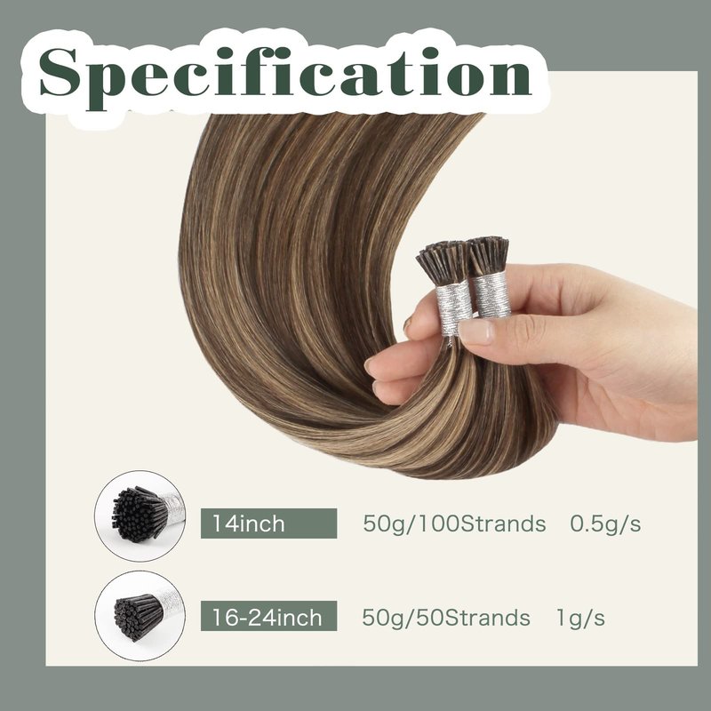 Sixstarhair Itip Hair Extensions Human Hair I Tip Extensions Chocolate Brown Highlighted Caramel Blonde Color 4/27 Cold Fusion Keratin Hair Extensions 14 Inch 50g/Pack 100Strands